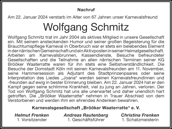 Traueranzeige von Wolfgang Schmitz von Zeitung am Sonntag