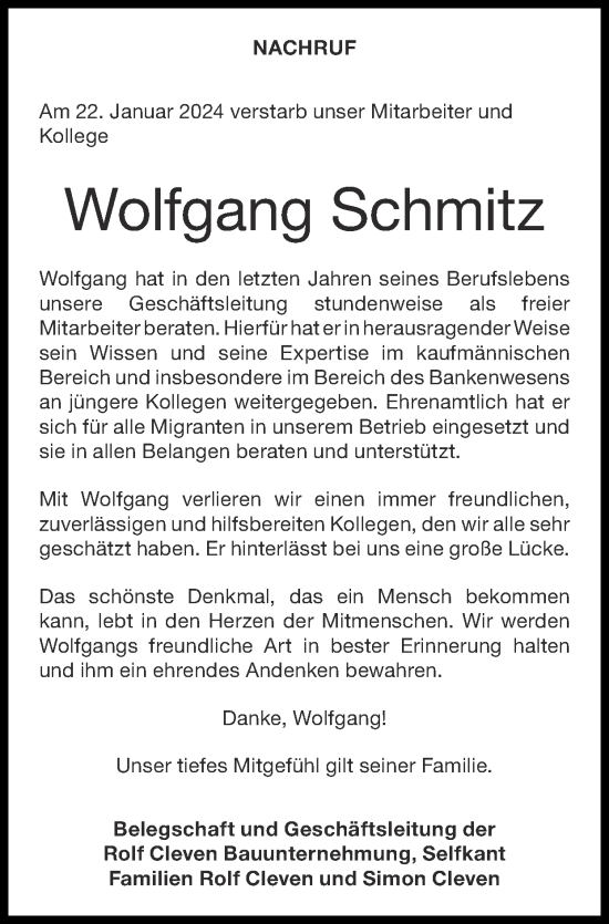 Traueranzeige von Wolfgang Schmitz von Zeitung am Sonntag