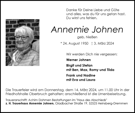 Traueranzeige von Annemie Johnen von Zeitung am Sonntag