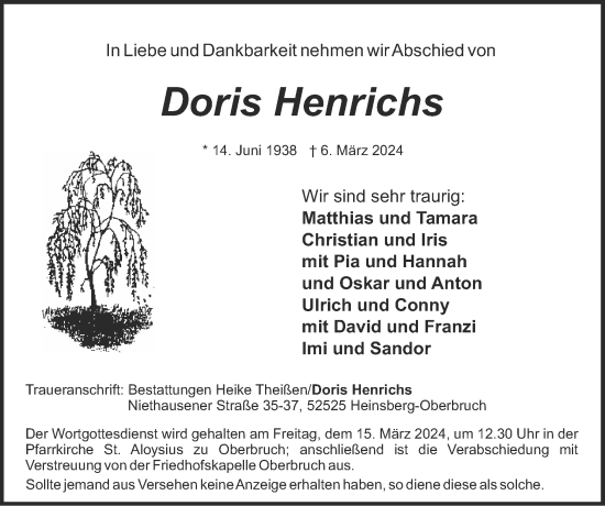 Traueranzeige von Doris Henrichs von Zeitung am Sonntag