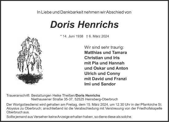 Traueranzeige von Doris Henrichs von Aachener Zeitung