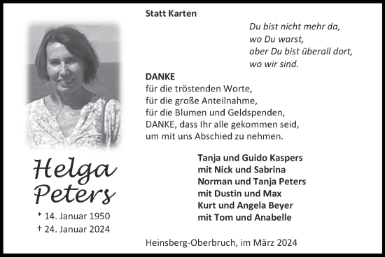 Traueranzeige von Helga Peters von Zeitung am Sonntag