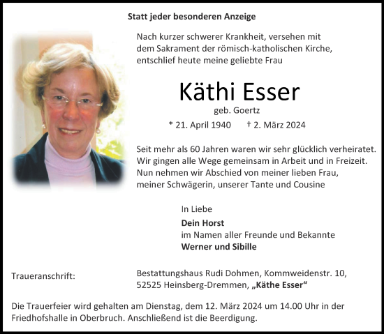 Traueranzeige von Käthi Esser von Aachener Zeitung