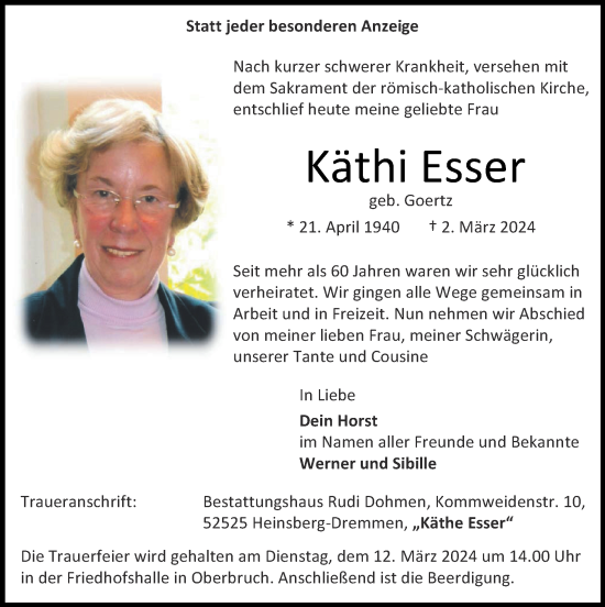 Traueranzeige von Käthi Esser von Zeitung am Sonntag