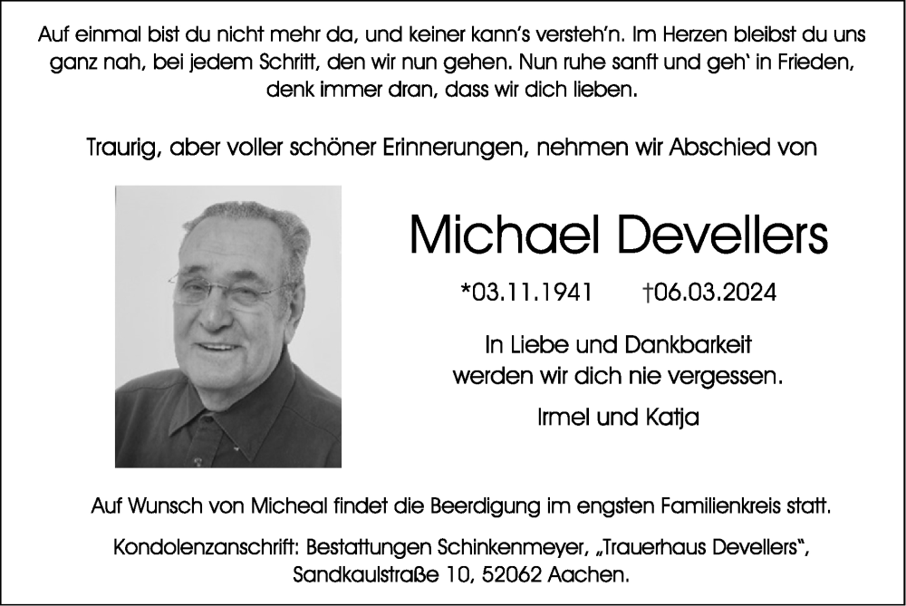  Traueranzeige für Michael Devellers vom 17.03.2024 aus Zeitung am Sonntag