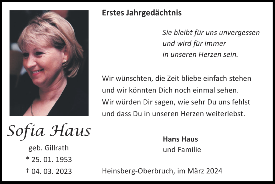 Traueranzeige von Sofia Haus von Zeitung am Sonntag