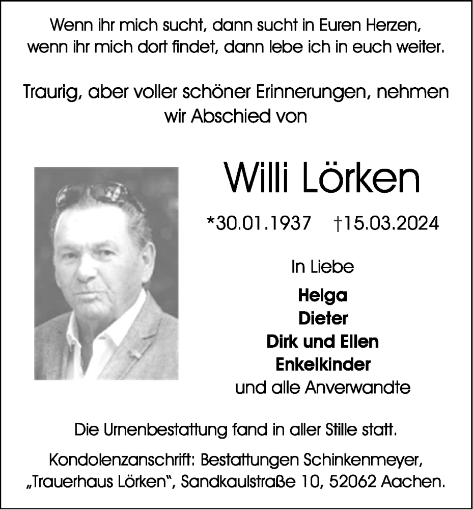  Traueranzeige für Willi Lörken vom 31.03.2024 aus Zeitung am Sonntag