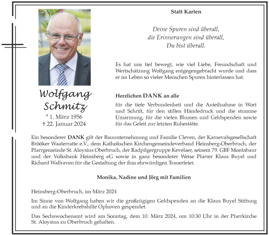 Traueranzeige von Wolfgang Schmitz von Zeitung am Sonntag