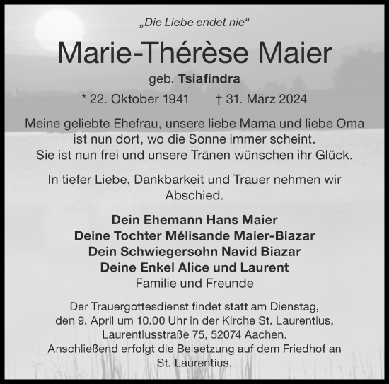 Traueranzeigen von Marie-Thérèse Maier | Aachen gedenkt