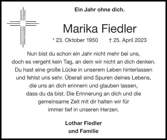 Traueranzeige von Marika Fiedler von Zeitung am Sonntag