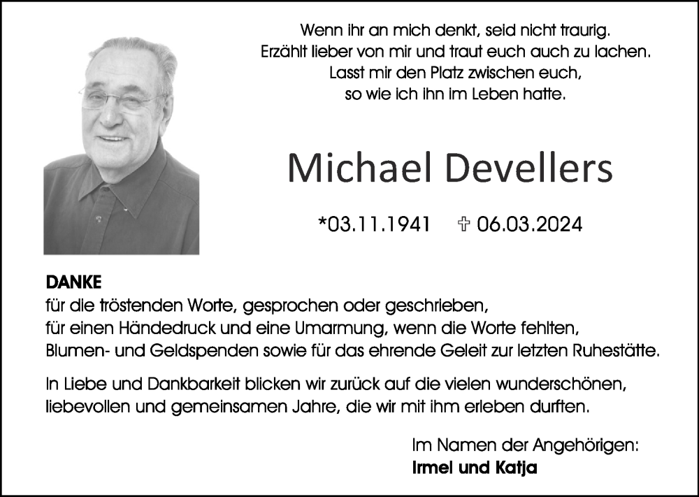  Traueranzeige für Michael Devellers vom 14.04.2024 aus Zeitung am Sonntag