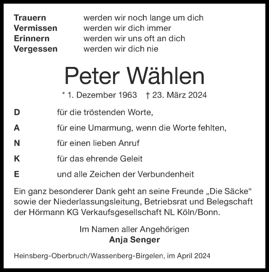 Traueranzeige von Peter Wählen von Zeitung am Sonntag