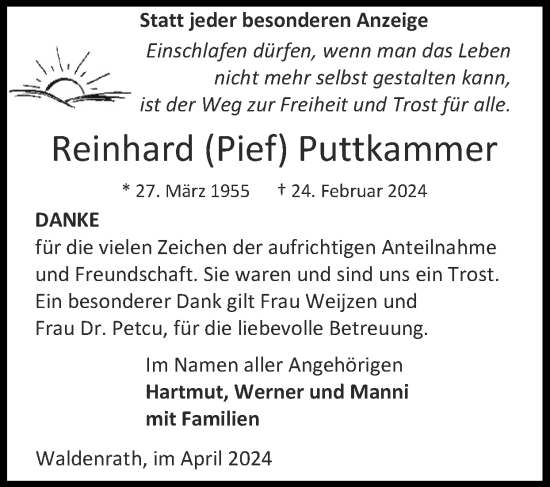 Traueranzeige von Reinhard Puttkammer von Zeitung am Sonntag