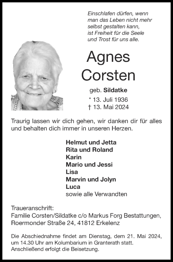 Traueranzeige von Agnes Corsten von Zeitung am Sonntag