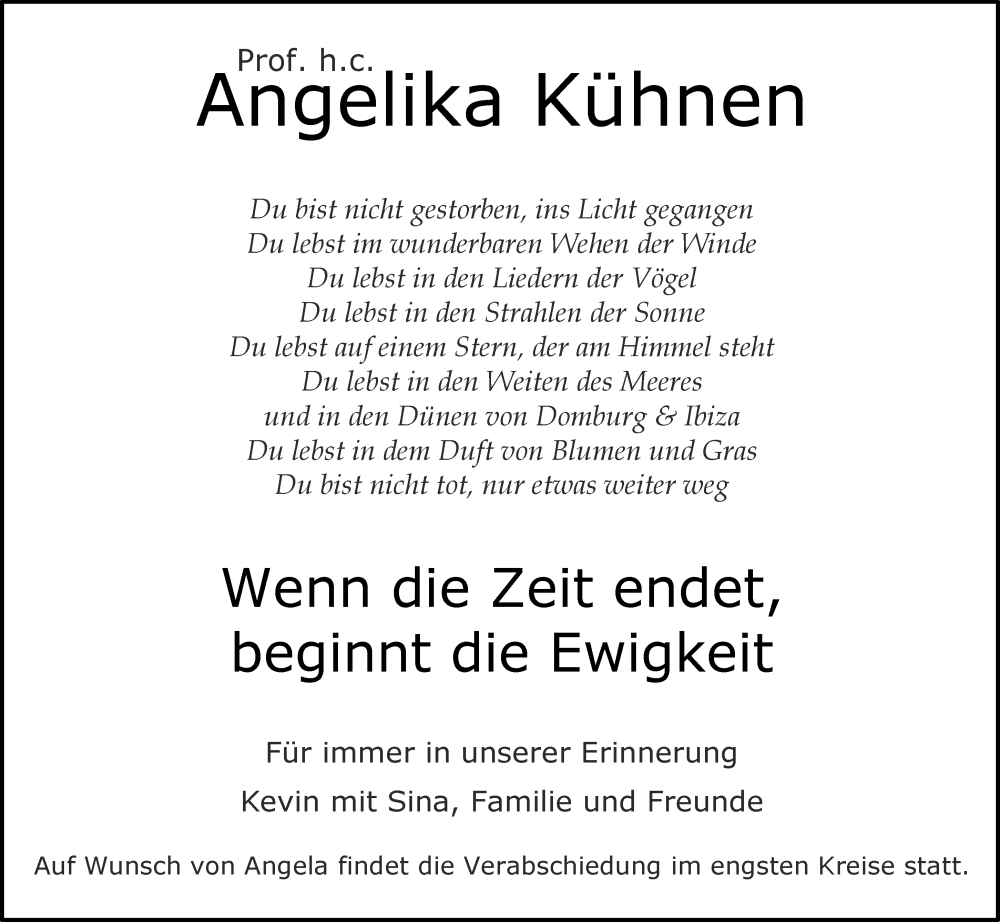  Traueranzeige für Angelika Kühnen vom 01.06.2024 aus Aachener Zeitung