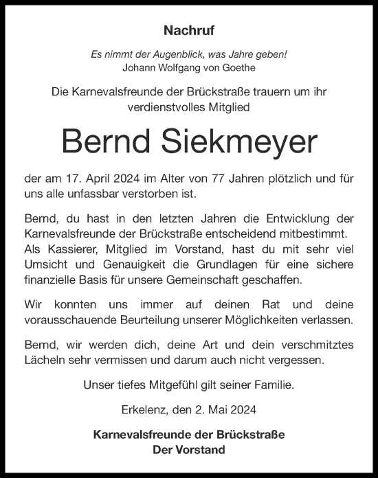 Traueranzeige von Bernd Siekmeyer von Zeitung am Sonntag