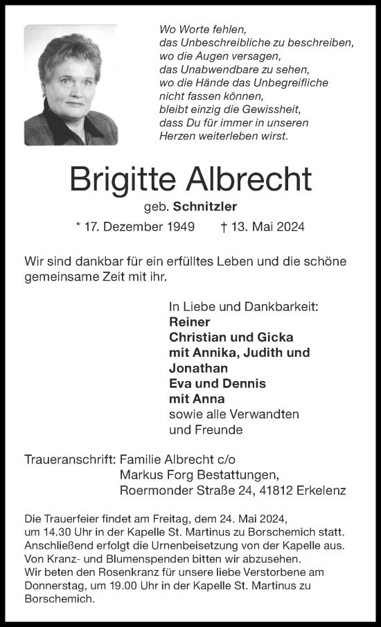 Traueranzeige von Brigitte Albrecht von Zeitung am Sonntag