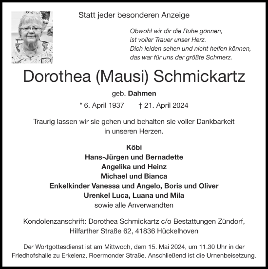 Traueranzeige von Dorothea Schmickartz von Zeitung am Sonntag