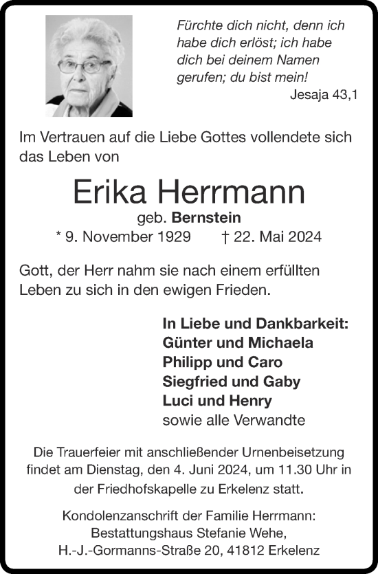 Traueranzeige von Erika Herrmann von Zeitung am Sonntag