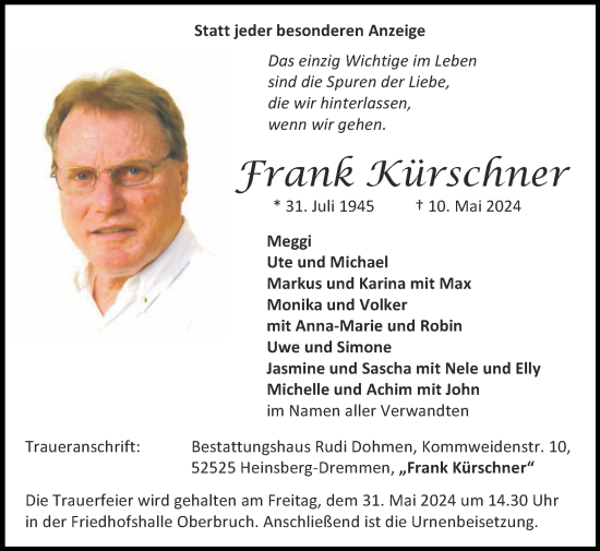 Traueranzeige von Frank Kürschner von Zeitung am Sonntag