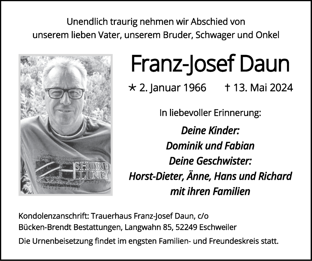  Traueranzeige für Franz-Josef Daun vom 26.05.2024 aus Zeitung am Sonntag