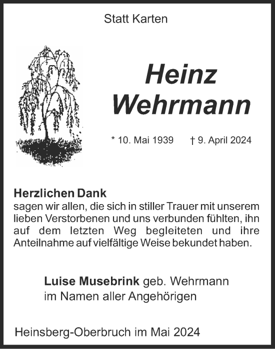 Traueranzeige von Heinz Wehrmann von Zeitung am Sonntag