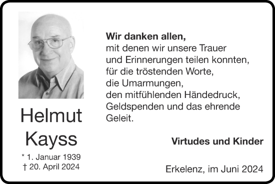 Traueranzeige von Helmut Kayss von Zeitung am Sonntag