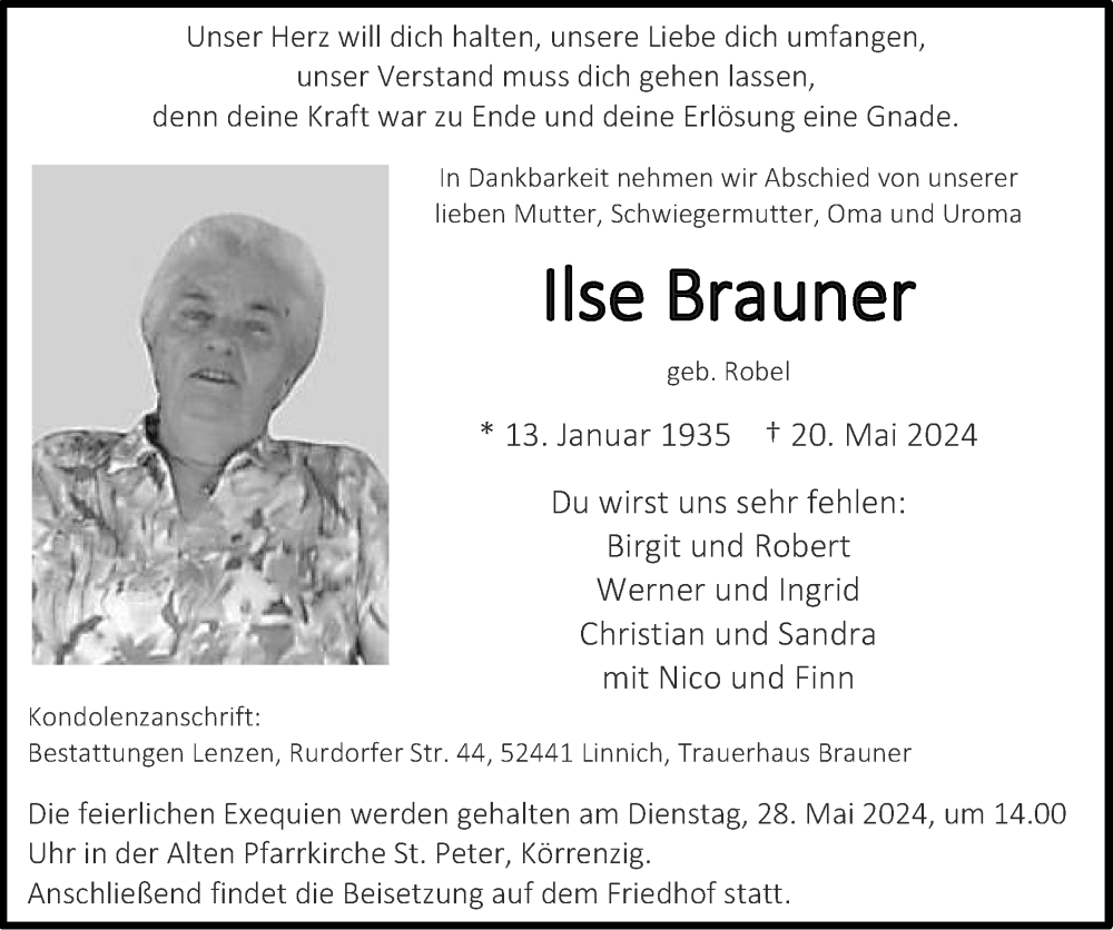 Traueranzeigen Von Ilse Brauner | Aachen Gedenkt