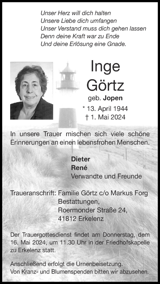 Traueranzeige von Inge Görtz von Zeitung am Sonntag