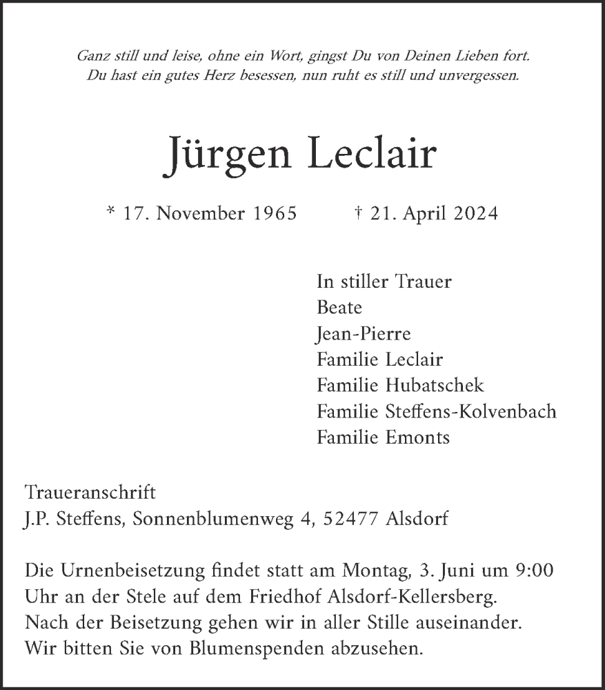  Traueranzeige für Jürgen Leclair vom 26.05.2024 aus Zeitung am Sonntag