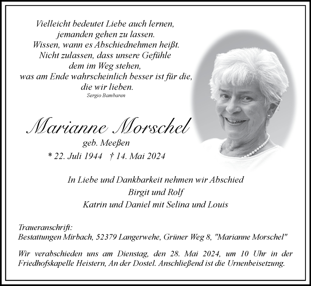  Traueranzeige für Marianne Morschel vom 26.05.2024 aus Zeitung am Sonntag