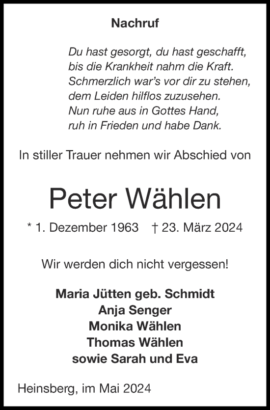 Traueranzeige von Peter Wählen von Zeitung am Sonntag