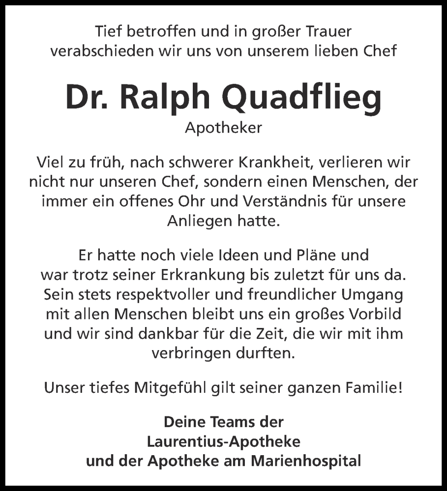  Traueranzeige für Ralph Quadflieg vom 01.06.2024 aus Aachener Zeitung