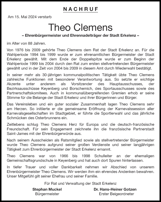 Traueranzeige von Theo Clemens von Zeitung am Sonntag