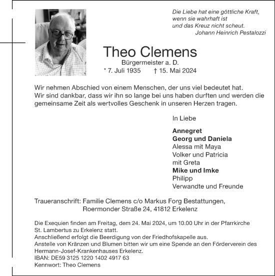 Traueranzeige von Theo Clemens von Zeitung am Sonntag