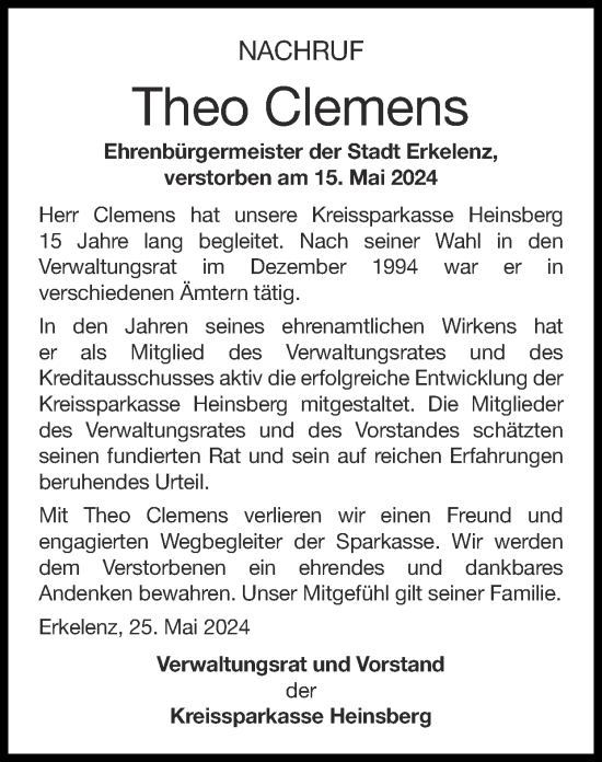 Traueranzeige von Theo Clemens von Zeitung am Sonntag