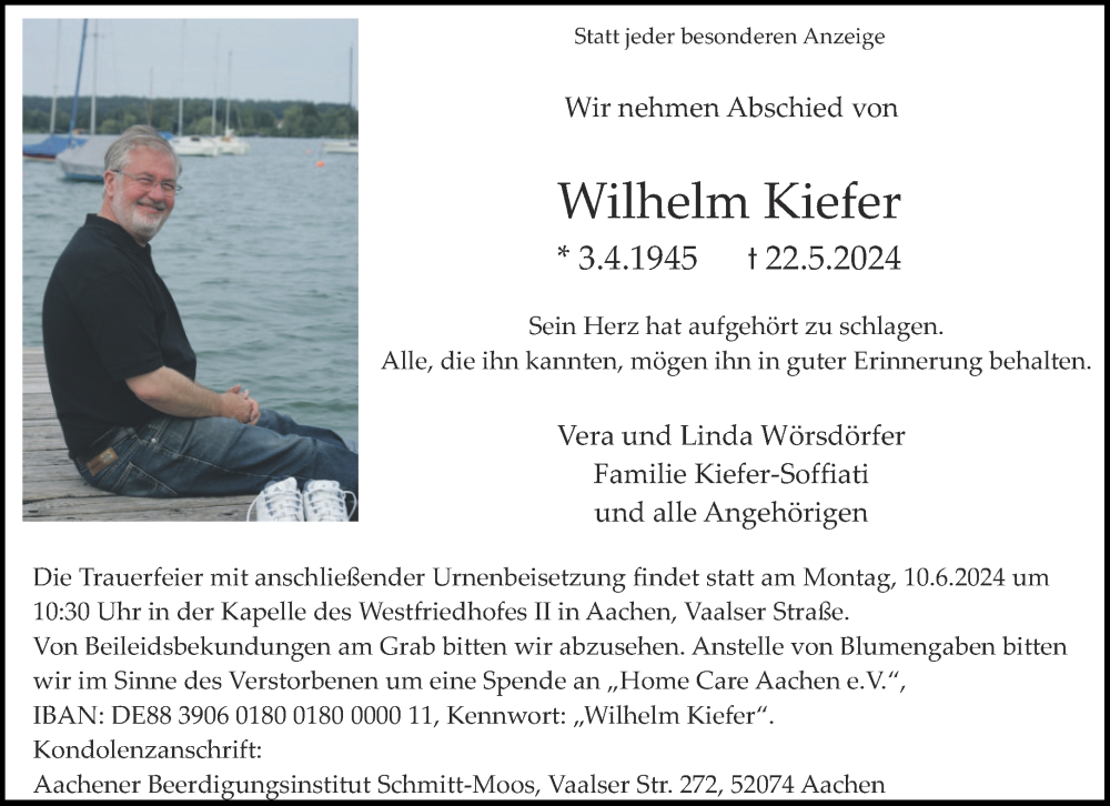  Traueranzeige für Wilhelm Kiefer vom 01.06.2024 aus Aachener Zeitung