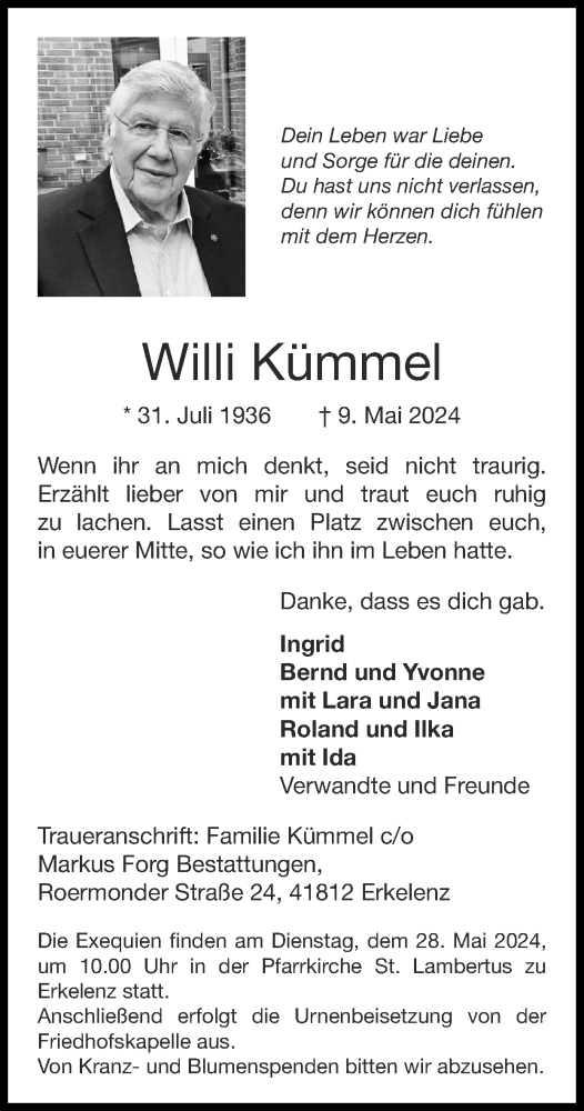 Traueranzeige von Willi Kümmel von Zeitung am Sonntag