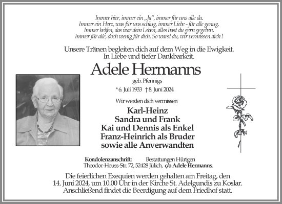 Traueranzeige von Adele Hermanns von Aachener Zeitung