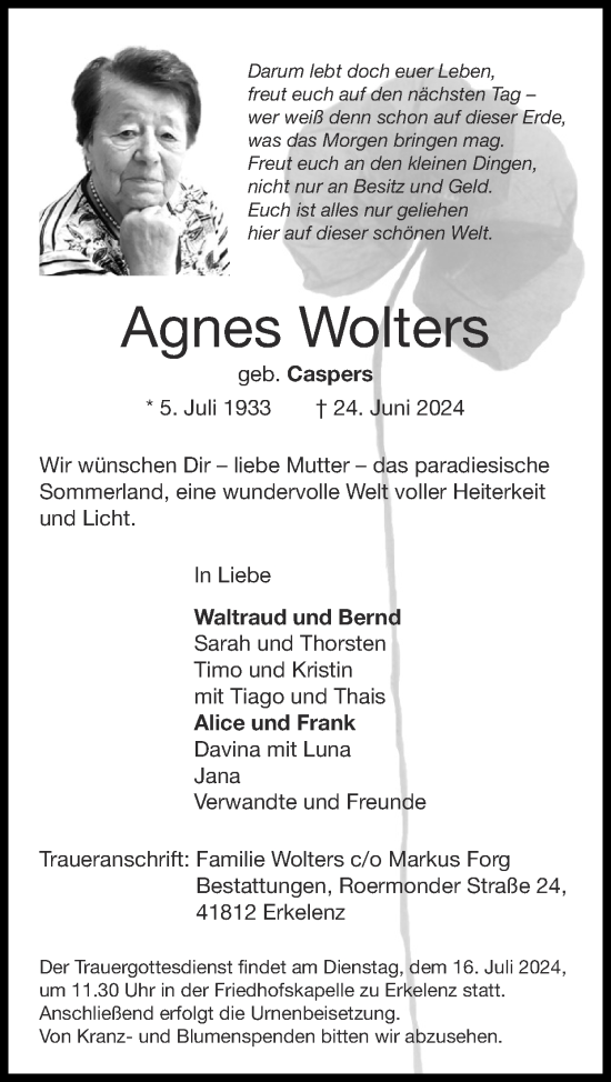 Traueranzeige von Agnes Wolters von Zeitung am Sonntag