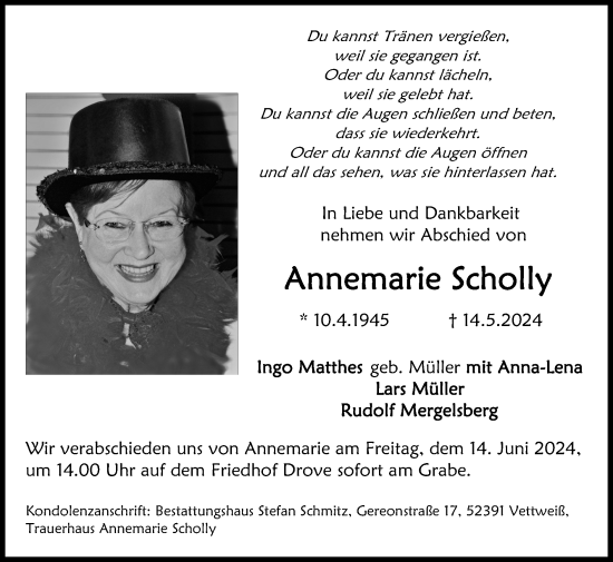 Traueranzeige von Annemarie Scholly von Zeitung am Sonntag