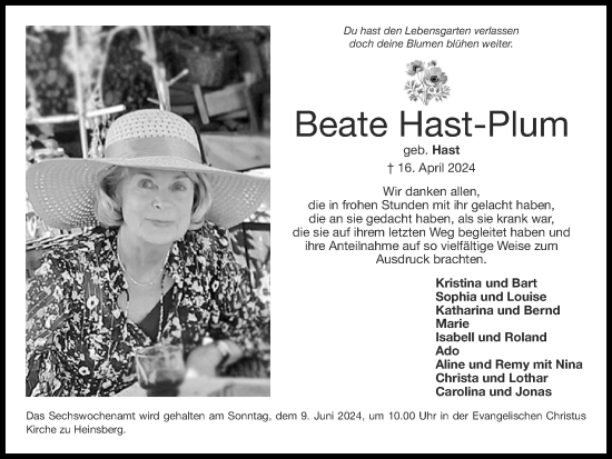 Traueranzeige von Beate Hast-Plum von Zeitung am Sonntag