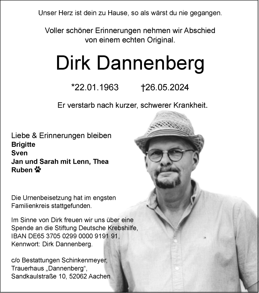  Traueranzeige für Dirk Dannenberg vom 09.06.2024 aus Zeitung am Sonntag