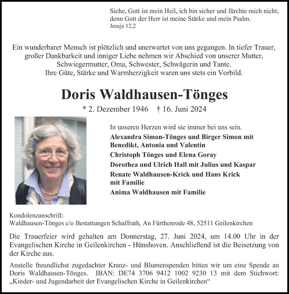  Traueranzeige für Doris Waldhausen-Tönges vom 22.06.2024 aus Aachener Zeitung