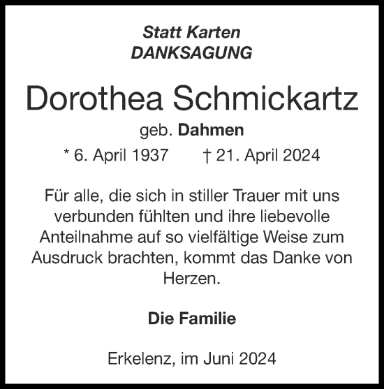 Traueranzeige von Dorothea Schmickartz von Zeitung am Sonntag