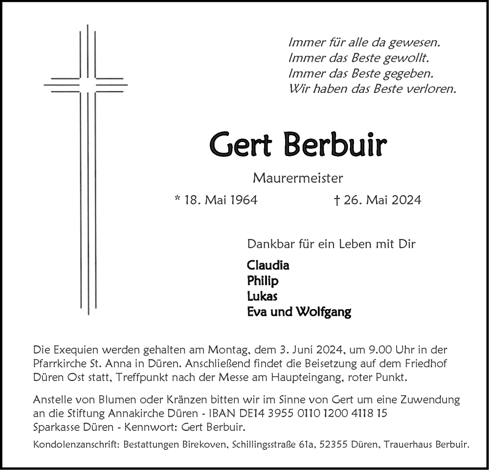  Traueranzeige für Gert Berbuir vom 02.06.2024 aus Zeitung am Sonntag