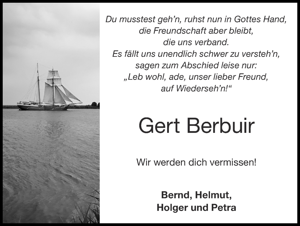  Traueranzeige für Gert Berbuir vom 02.06.2024 aus Zeitung am Sonntag