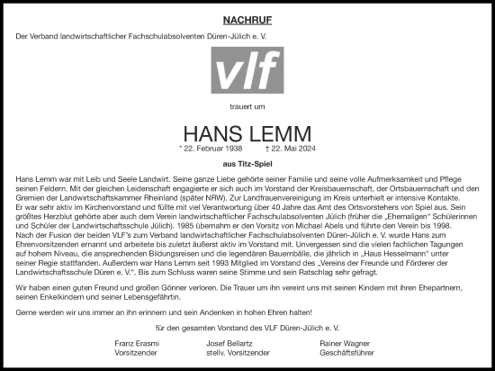 Traueranzeige von Hans Lemm von Zeitung am Sonntag