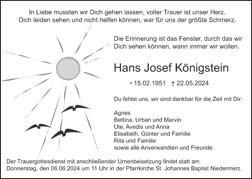  Traueranzeige für Hans Josef Königstein vom 02.06.2024 aus Zeitung am Sonntag