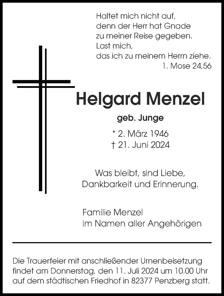  Traueranzeige für Helgard Menzel vom 29.06.2024 aus Aachener Zeitung